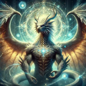 DALL·E 2024-09-06 09.02.41 - A majestic dragon with a humanoid body in a fantasy creature style, exuding a mystical and divine presence with immense strength and a glowing magical