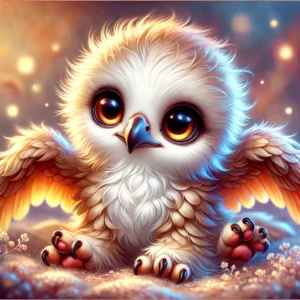 DALL·E 2024-09-06 09.26.08 - An irresistibly cute baby eagle in a fantasy creature style, small and fluffy with soft, downy feathers that shimmer gently. The baby eagle has large,