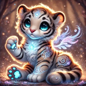 DALL·E 2024-09-06 09.26.16 - An irresistibly cute fantasy-style tiger, combining magical and majestic elements. The tiger has soft, glowing fur with mystical patterns that shimmer