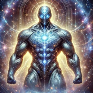 DALL·E-2024-09-06-09.02.38-A-powerful-strong-mystical-and-godlike-version-of-a-robot-like-alien-now-fully-grown-and-exuding-an-aura-of-immense-strength-and-divine-energy.-Th.webp